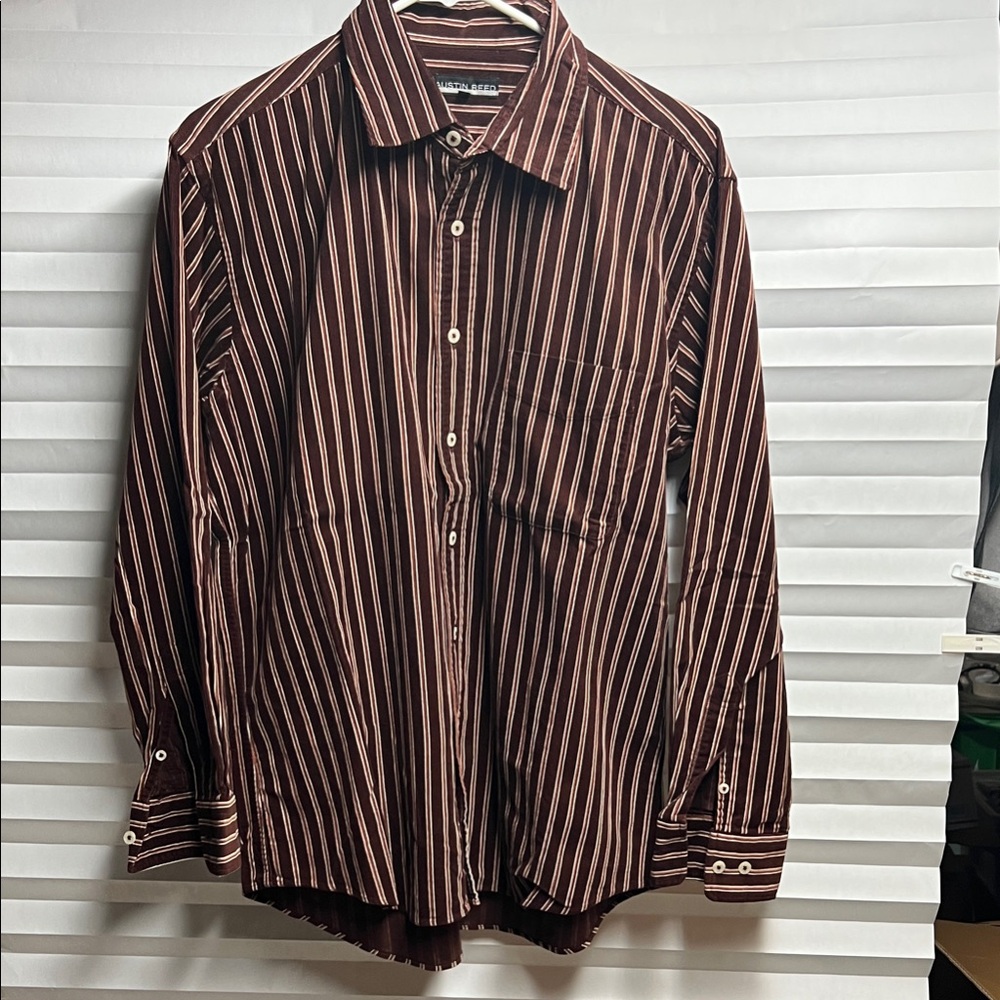 Austin Reed Men's Brown Striped Button Down Corduroy Shirt, size L